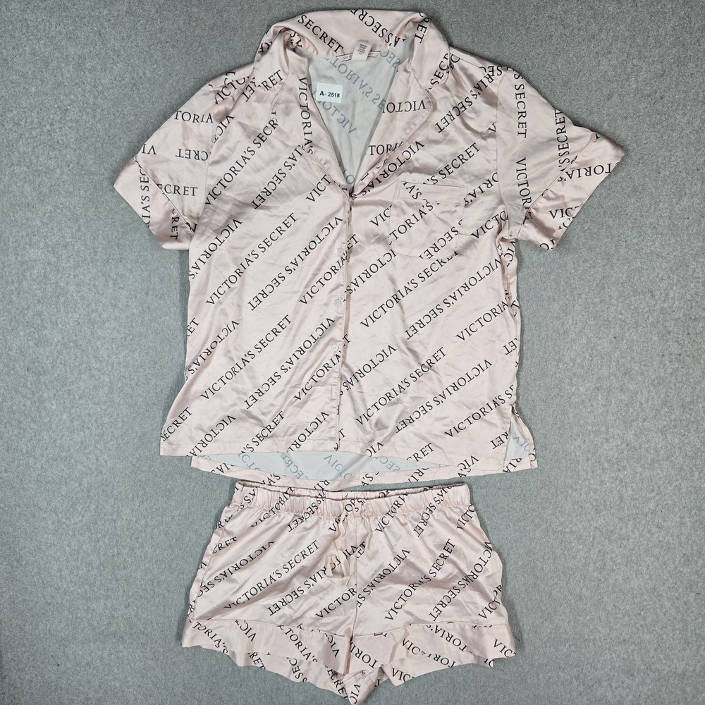 Victoria's Secret Women Sleepwear M Pink Pajama Set Satin Logo Allover Print